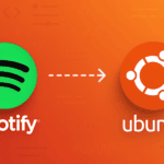 Spotify logo icon with three curved black lines on bright green circle next to Ubuntu logo on orange gradient background