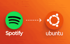 Spotify logo icon with three curved black lines on bright green circle next to Ubuntu logo on orange gradient background