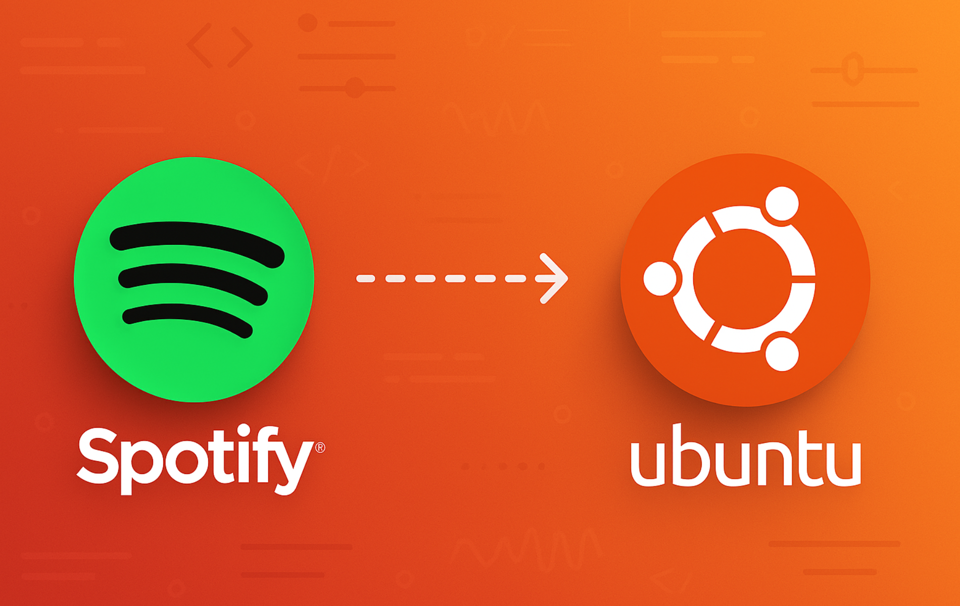 Spotify logo icon with three curved black lines on bright green circle next to Ubuntu logo on orange gradient background