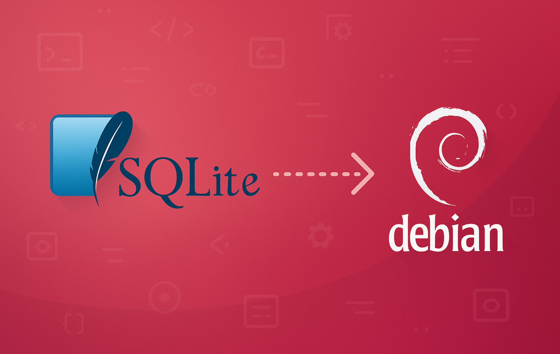 SQLite database logo with arrow pointing to Debian swirl logo on red background