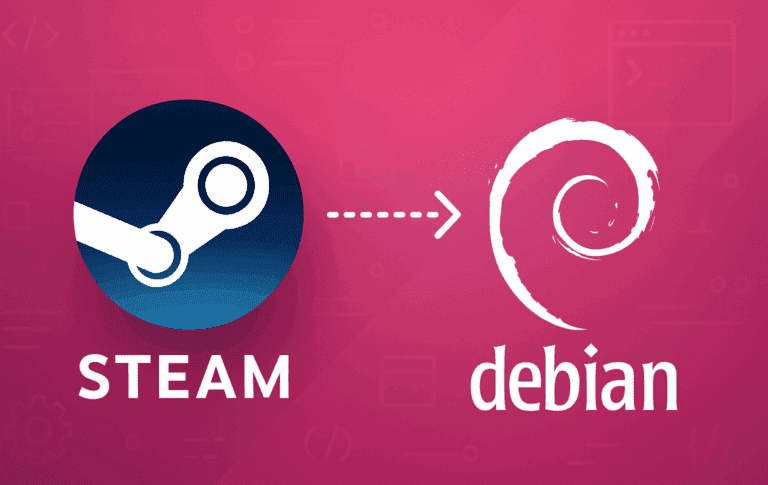 Steam and Debian logos with arrow showing installation process on Debian Linux