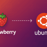 Strawberry Music Player logo with arrow pointing to Ubuntu logo on gradient background