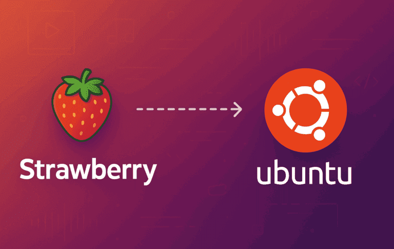 Strawberry Music Player logo with arrow pointing to Ubuntu logo on gradient background