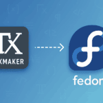 Texmaker LaTeX editor icon connected to Fedora logo on blue gradient background