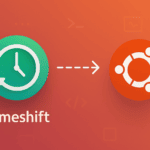 Timeshift logo with clock icon and arrow pointing to Ubuntu logo on orange gradient background illustrating system backup and restore