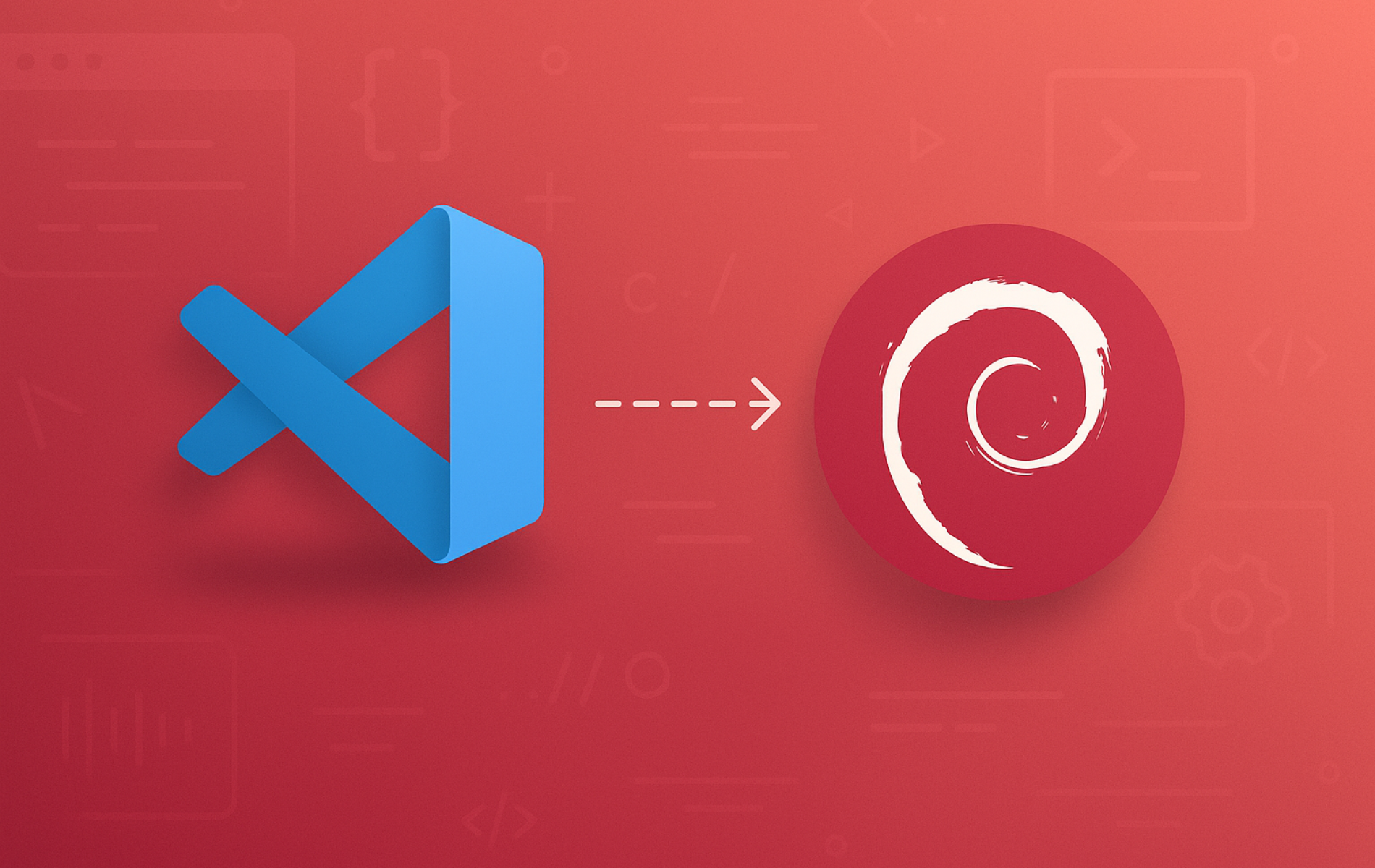 Visual Studio Code logo with arrow pointing to Debian logo on red background with code editor icons