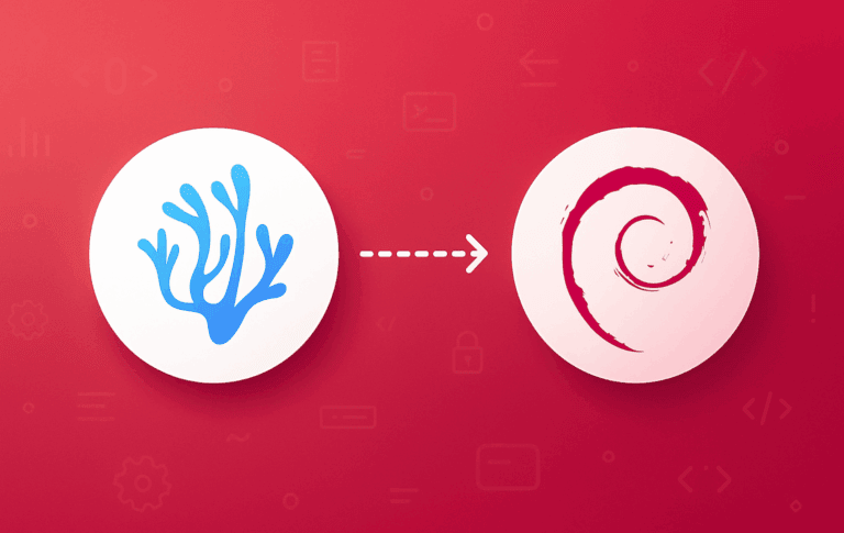 VSCodium logo with arrow pointing to Debian logo on red background with developer icons