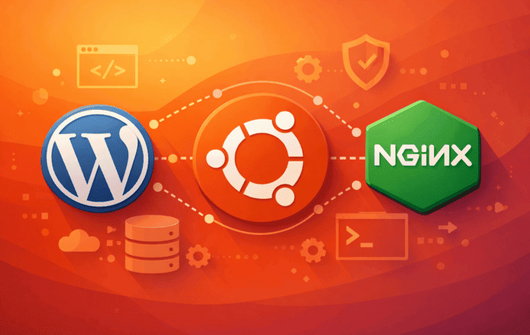 WordPress, Ubuntu, and Nginx logos connected on orange gradient background representing LEMP stack installation