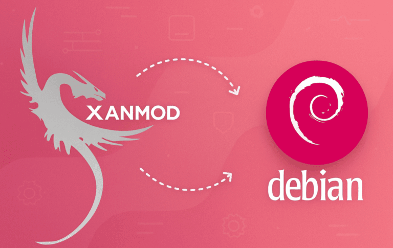 XanMod kernel logo with dragon icon alongside Debian swirl logo showing integration between the custom kernel and Debian Linux
