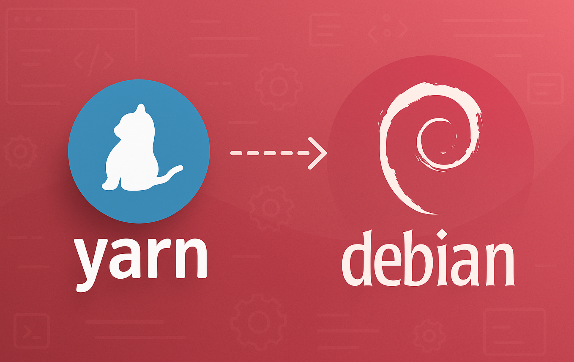 Yarn package manager cat logo with arrow pointing to Debian swirl logo on coral background