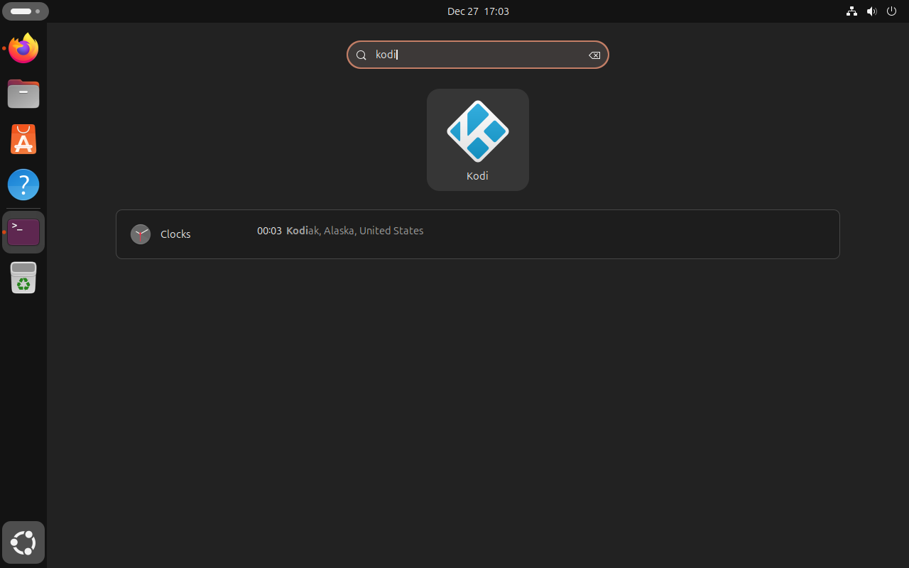 Kodi application icon appearing in GNOME Activities search on Ubuntu desktop