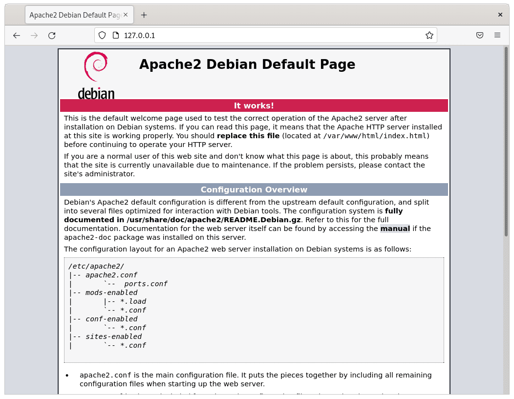 Apache2 Debian Default Page showing the It works! message confirming successful web server installation