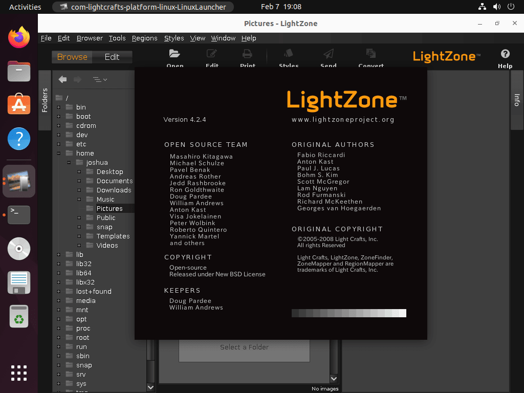 LightZone photo editor main interface with Browser view and About dialog on Ubuntu