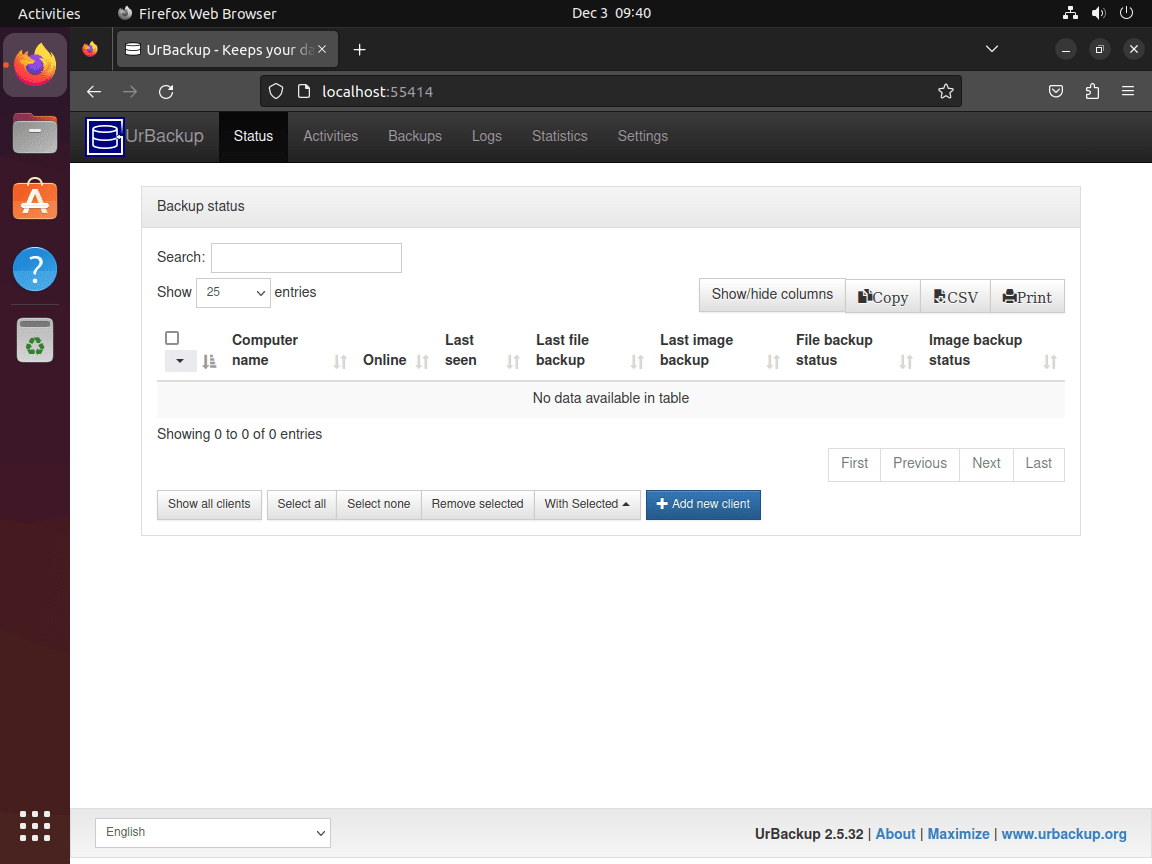 UrBackup web interface status dashboard showing client overview table