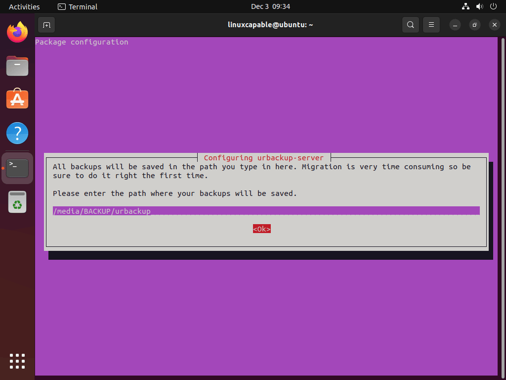 UrBackup package configuration dialog prompting for backup storage path