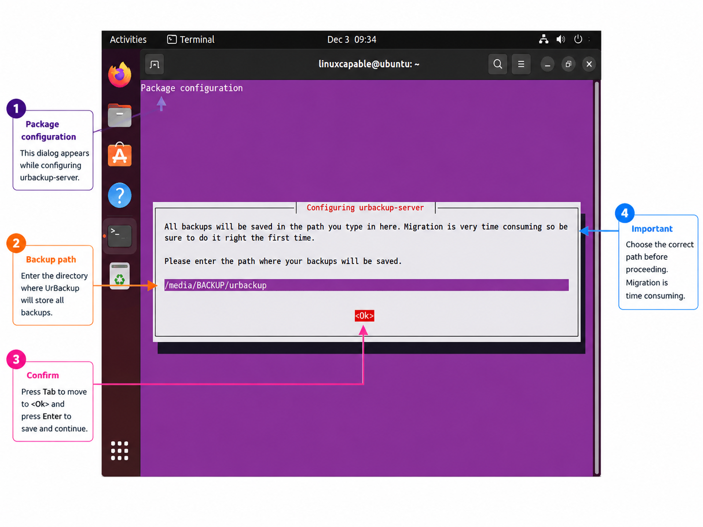 UrBackup package configuration dialog with the backup storage path highlighted