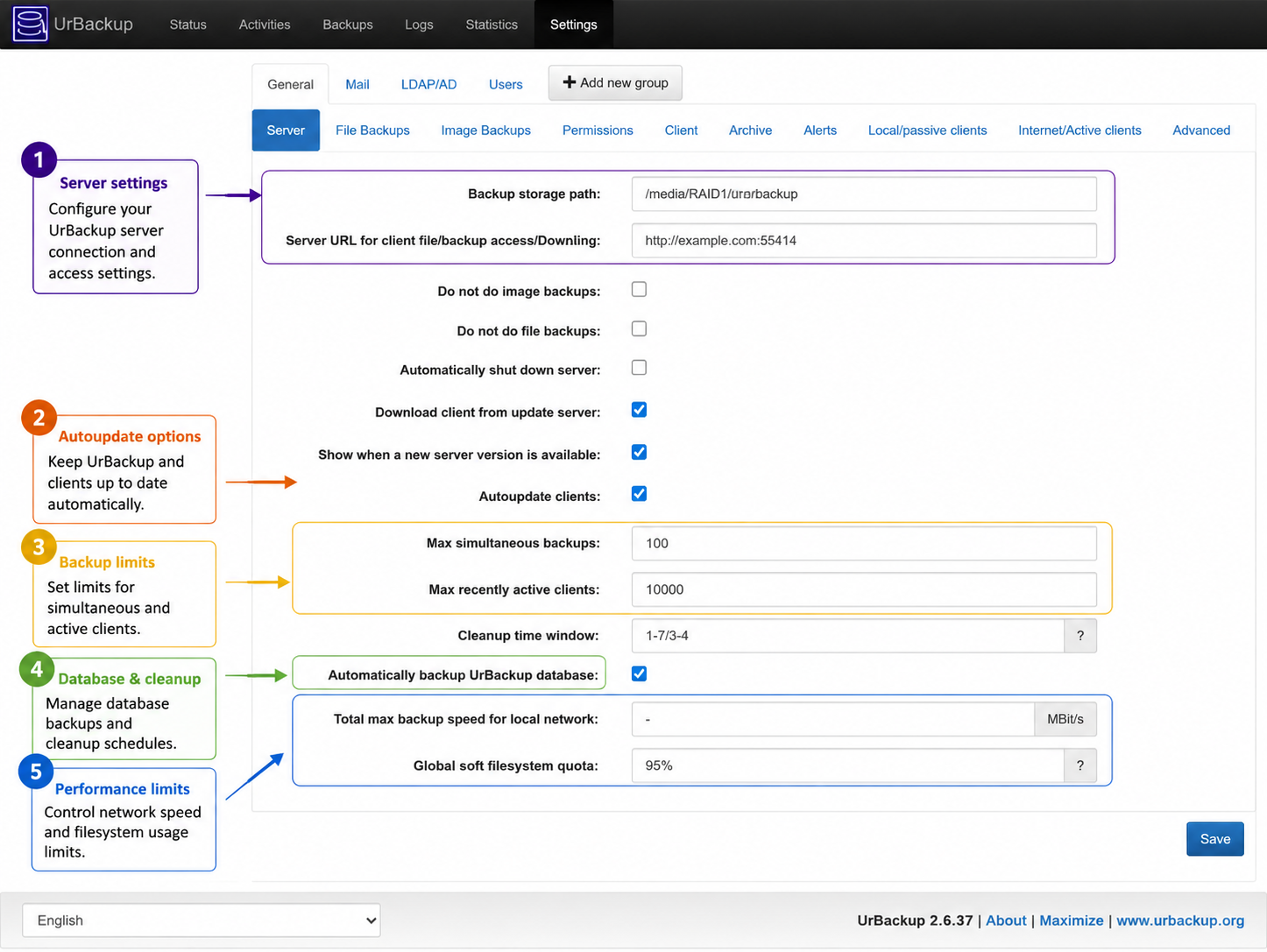 UrBackup server settings page with backup path and limit controls highlighted