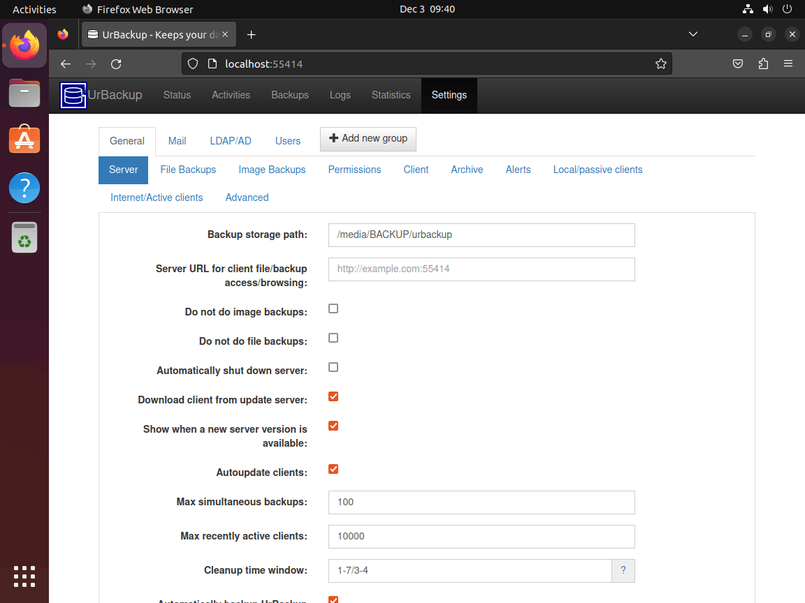 Screenshot of the UrBackup web interface at localhost:55414 showing the backup status dashboard with client table, search functionality, and Add new client button.