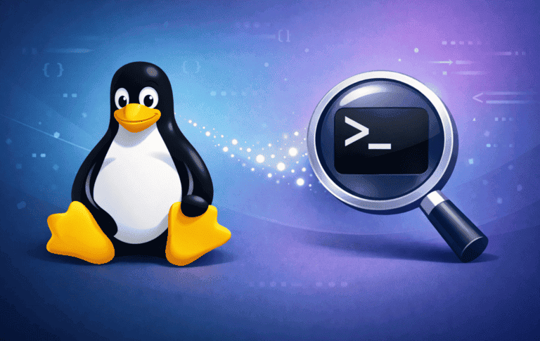 Linux penguin mascot with magnifying glass over terminal icon representing command lookup