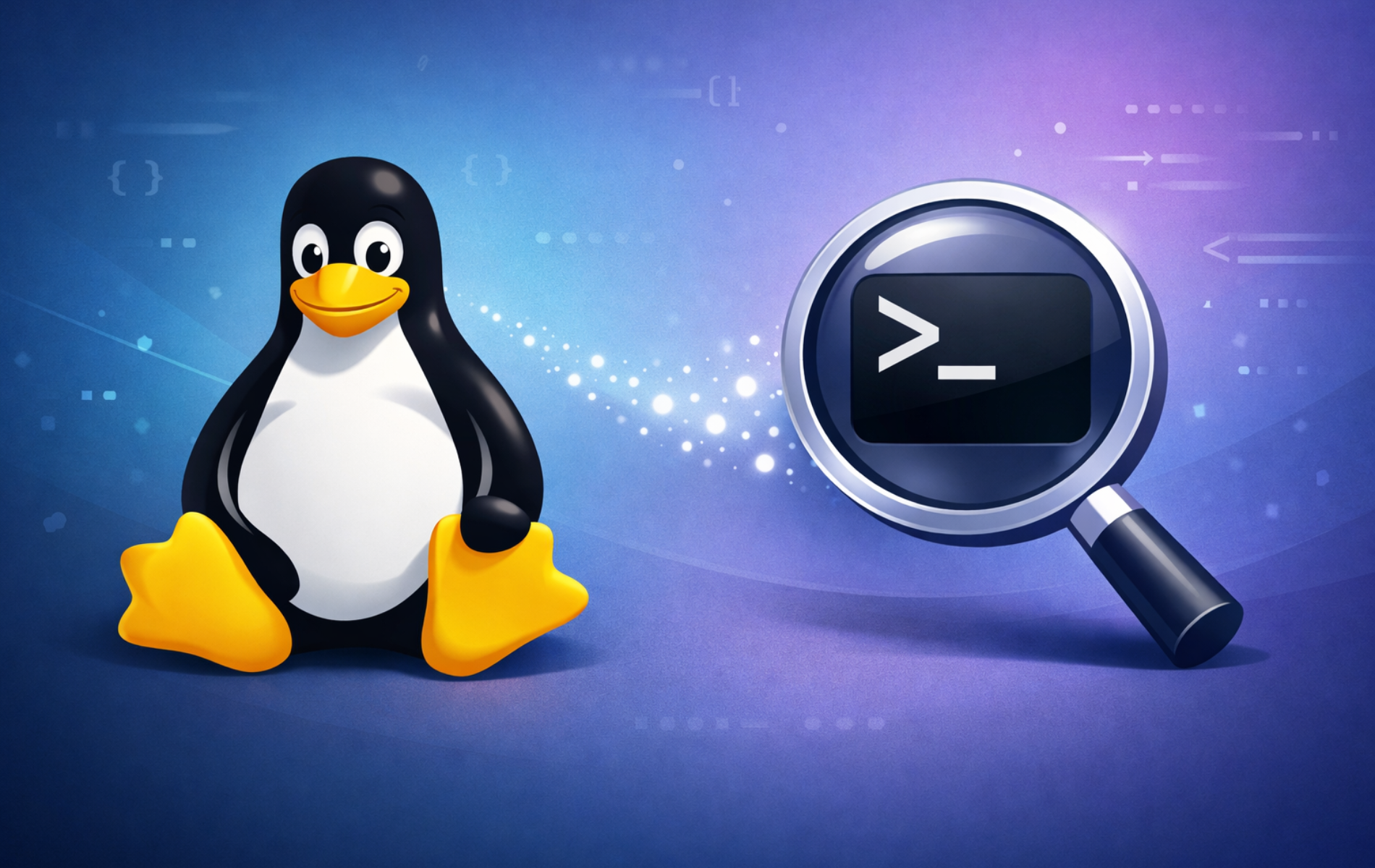 Linux penguin mascot with magnifying glass over terminal icon representing command lookup
