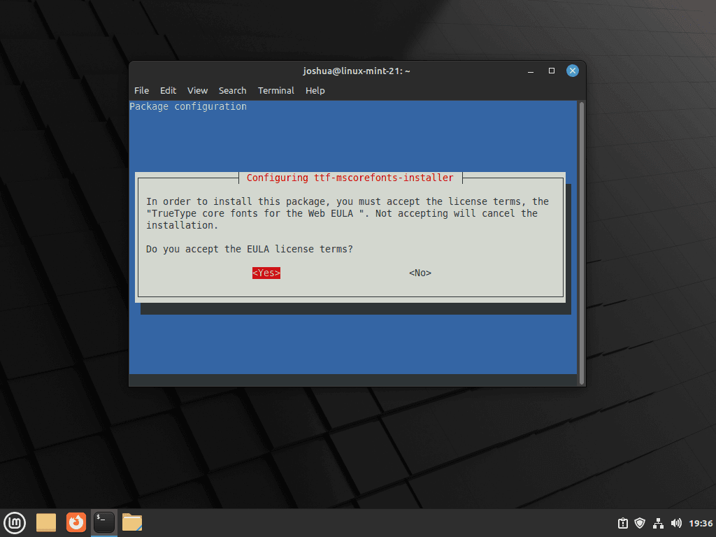Terminal dialog asking user to accept Microsoft fonts EULA license terms with Yes and No options.