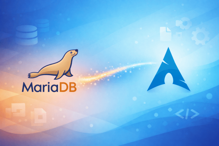 MariaDB and Arch Linux logos with database and code icons