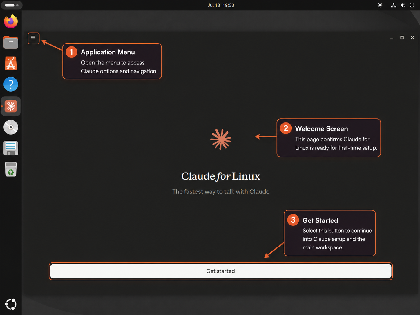 Claude for Linux welcome screen on Ubuntu with the menu and Get started button highlighted