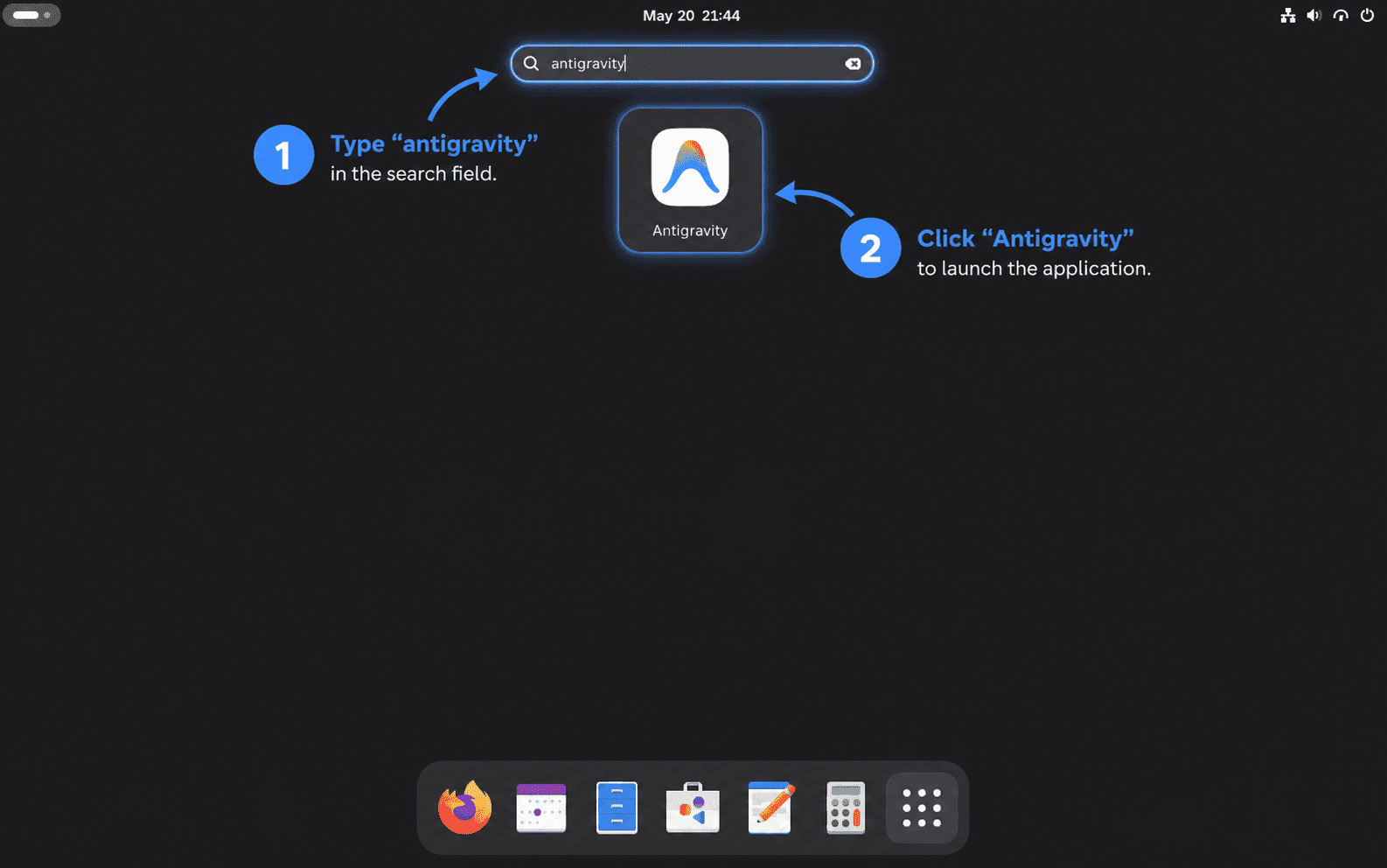 Fedora Activities search showing the Antigravity desktop launcher result