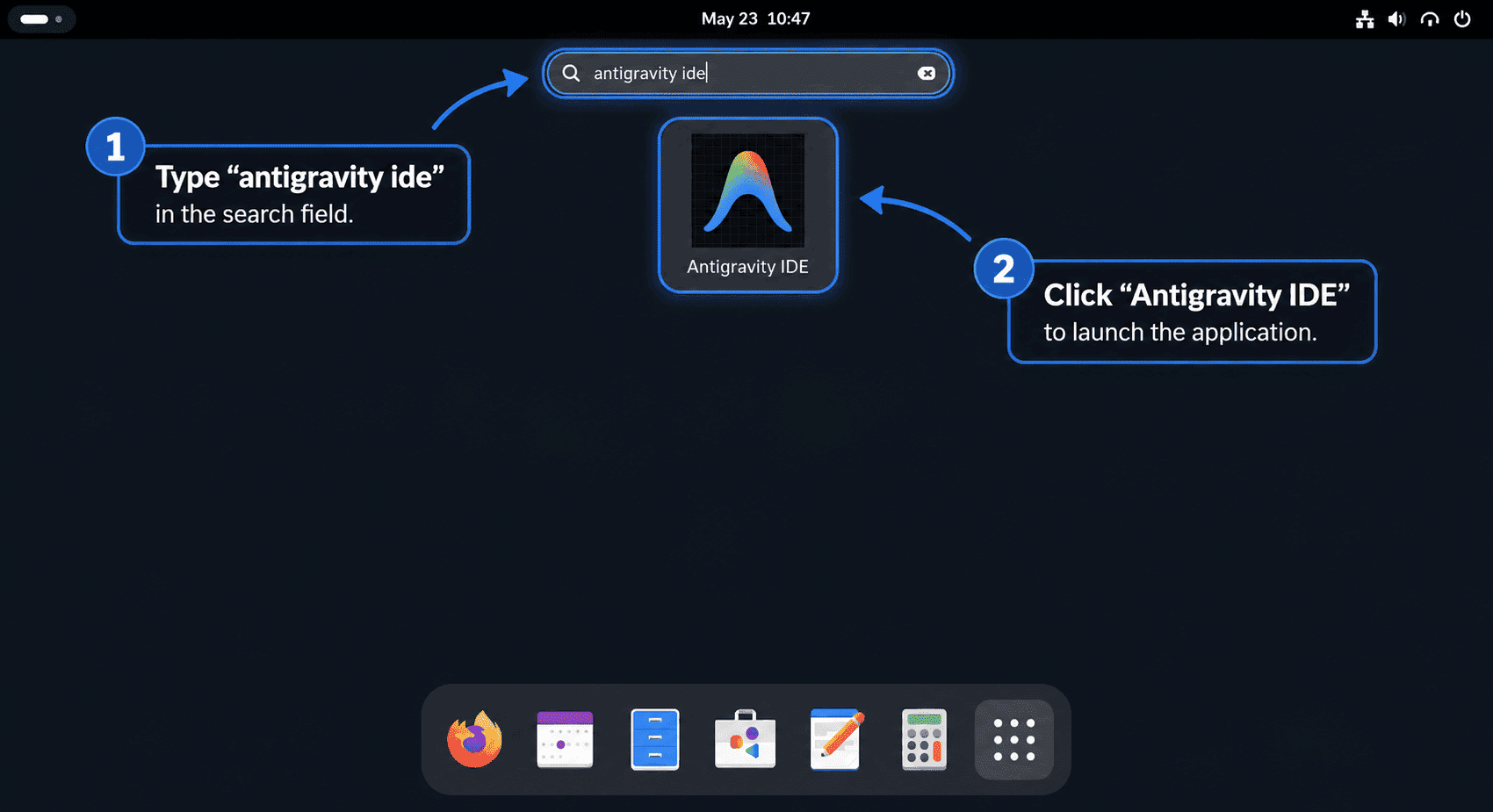Fedora Activities search with the Antigravity IDE launcher highlighted