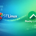 SELinux logo crossed out next to Rocky Linux logo on blue-green gradient background