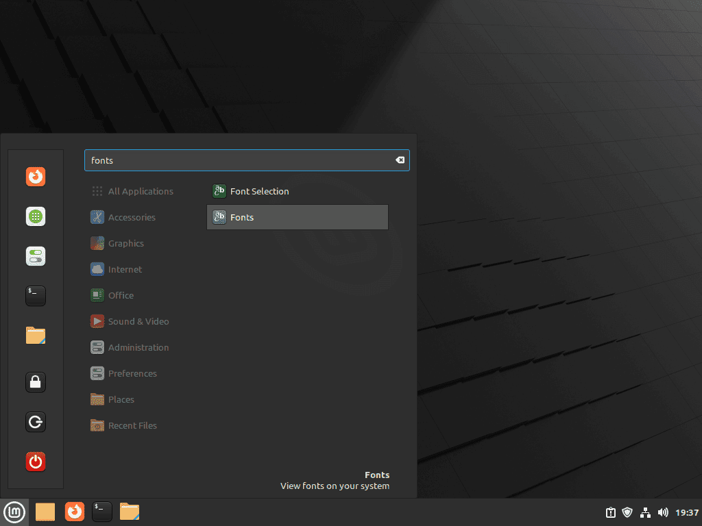 Linux Mint Cinnamon application menu with fonts search showing Fonts application highlighted.