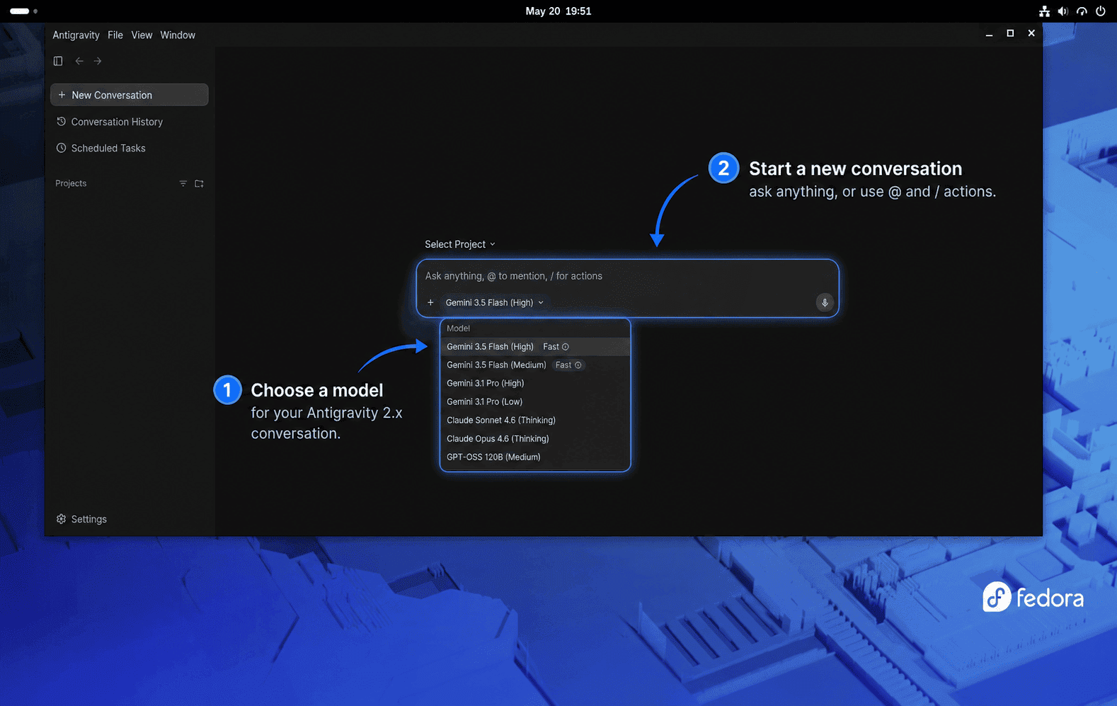 Antigravity 2.0 workspace on Fedora with model picker and new conversation input