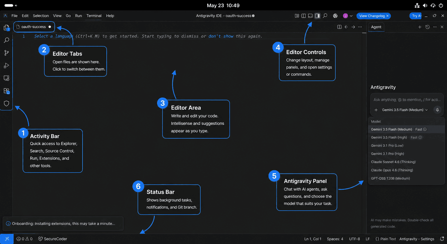 Antigravity IDE workspace on Fedora with editor areas and agent panel labeled