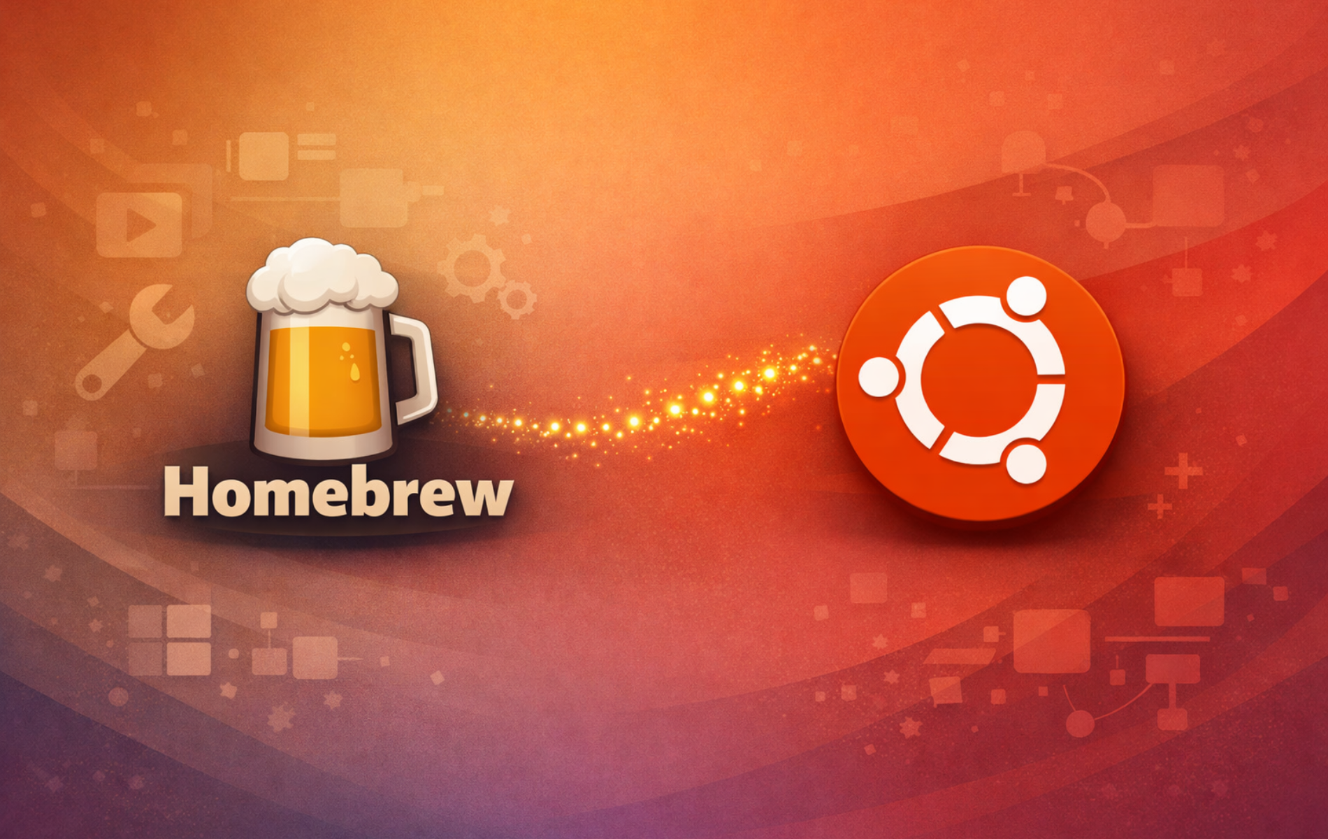 Homebrew beer mug logo and Ubuntu circle logo connected by golden sparkle trail on orange gradient background