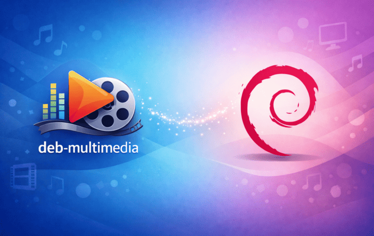 Deb-multimedia repository logo with film reel and play button next to the Debian swirl logo