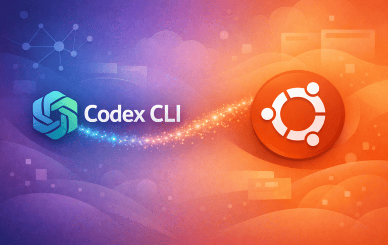 Codex CLI and Ubuntu logo connected by gradient line on purple-to-orange background