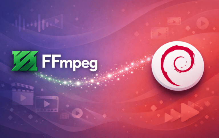FFmpeg logo alongside Debian swirl logo with video editing icons on gradient background