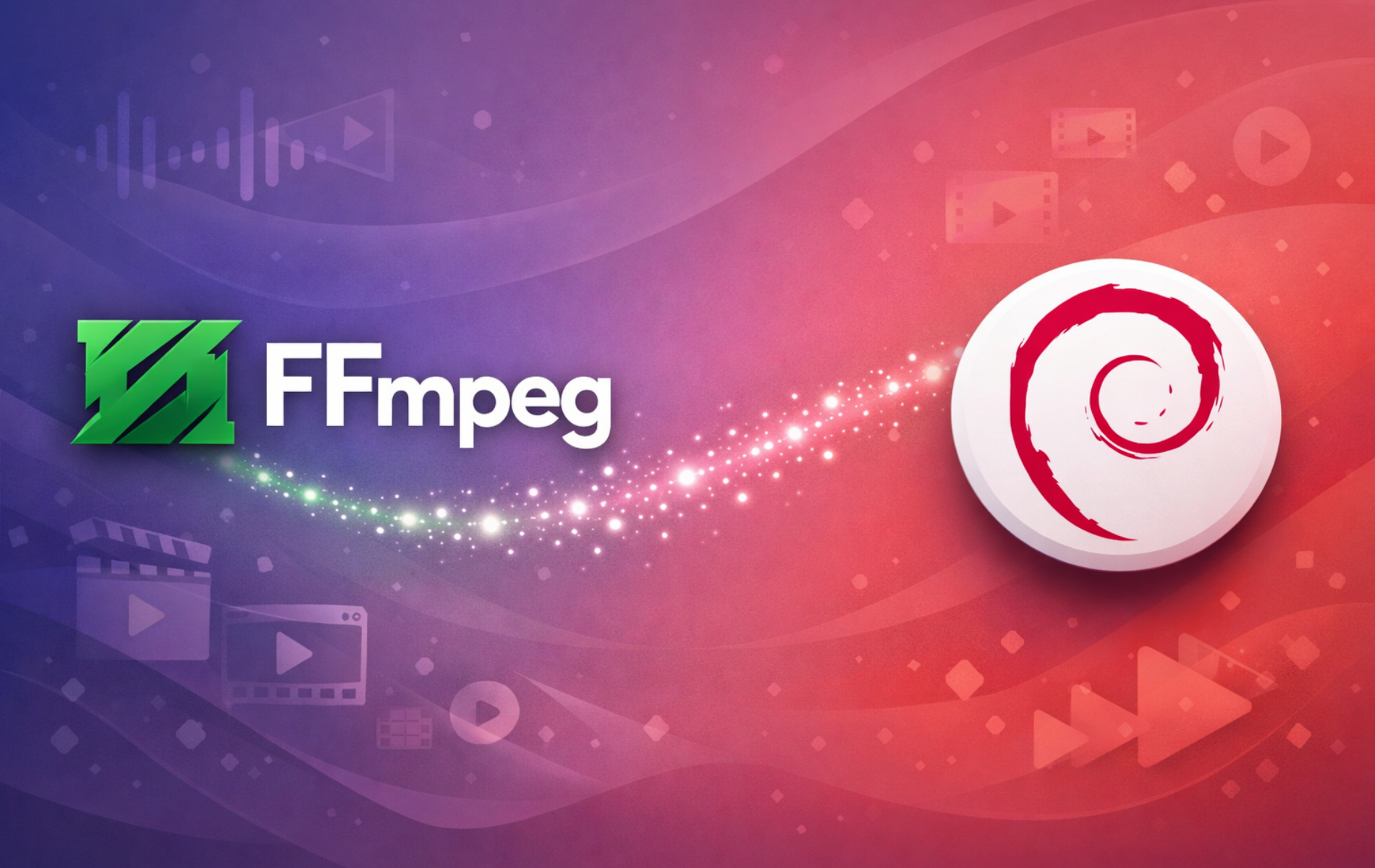 FFmpeg logo alongside Debian swirl logo with video editing icons on gradient background