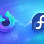 Firefox Nightly and Fedora logos connected on a blue gradient background with browser interface elements