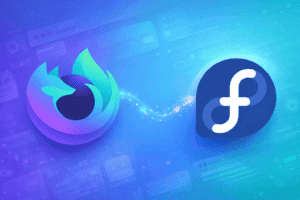 Firefox Nightly and Fedora logos connected on a blue gradient background with browser interface elements
