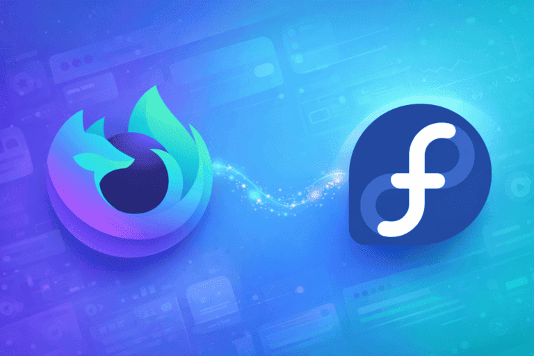 Firefox Nightly and Fedora logos connected on a blue gradient background with browser interface elements
