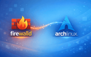 Firewalld brick wall and flame logo next to Arch Linux mountain logo on blue background