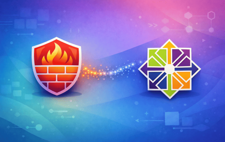 Firewalld shield logo with flame beside CentOS Stream colorful arrow logo on gradient background