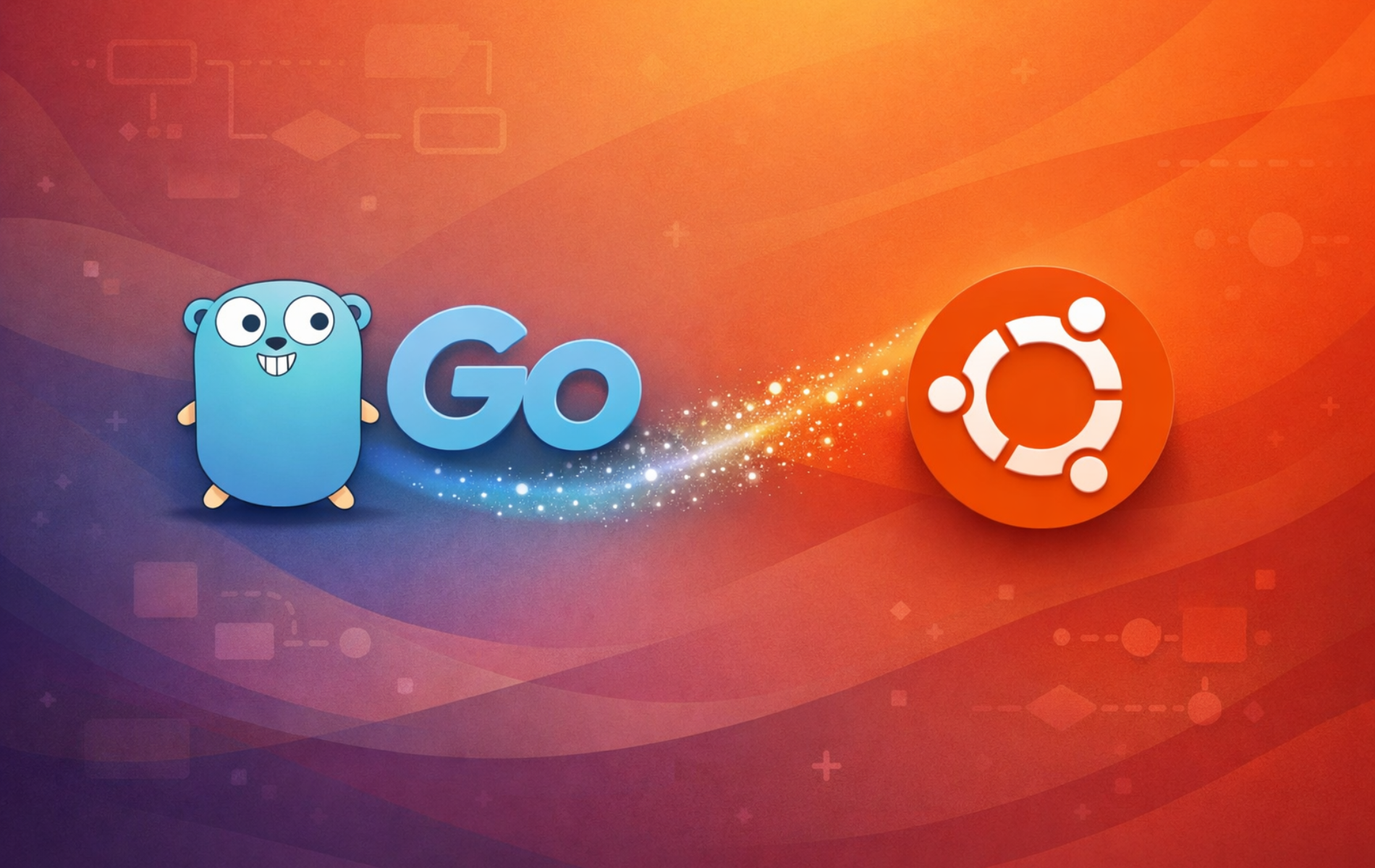 Go programming language logo next to the Ubuntu operating system logo on an abstract background.