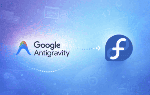 Google Antigravity logo with arrow pointing to Fedora logo on blue gradient background with code editor elements