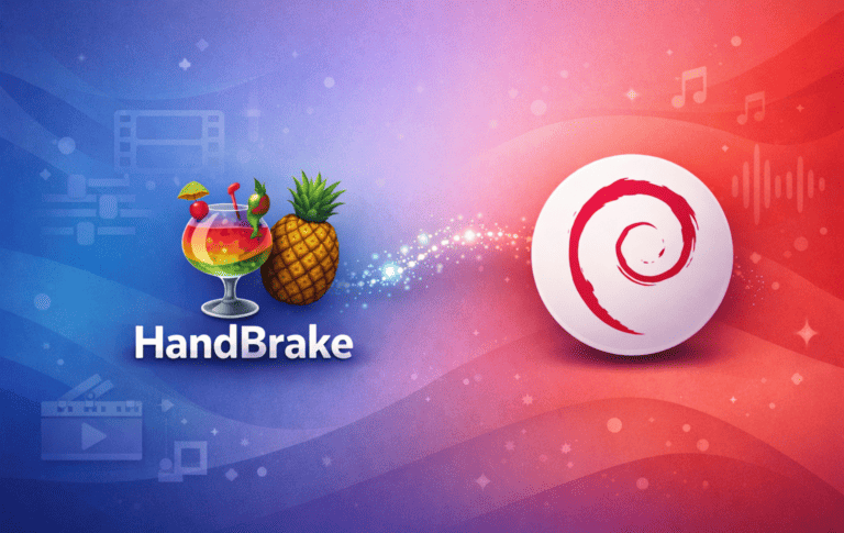 HandBrake video transcoder logo with Debian logo on gradient background featuring media icons