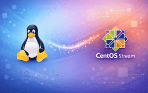 Tux the Linux penguin mascot alongside the CentOS Stream logo on a blue gradient background