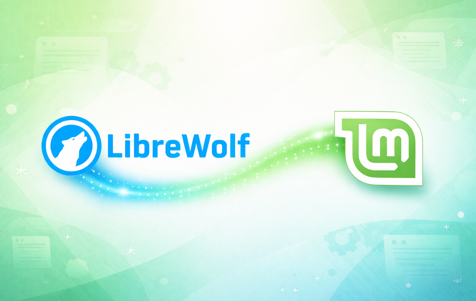 LibreWolf browser logo with Linux Mint logo connected by a light trail