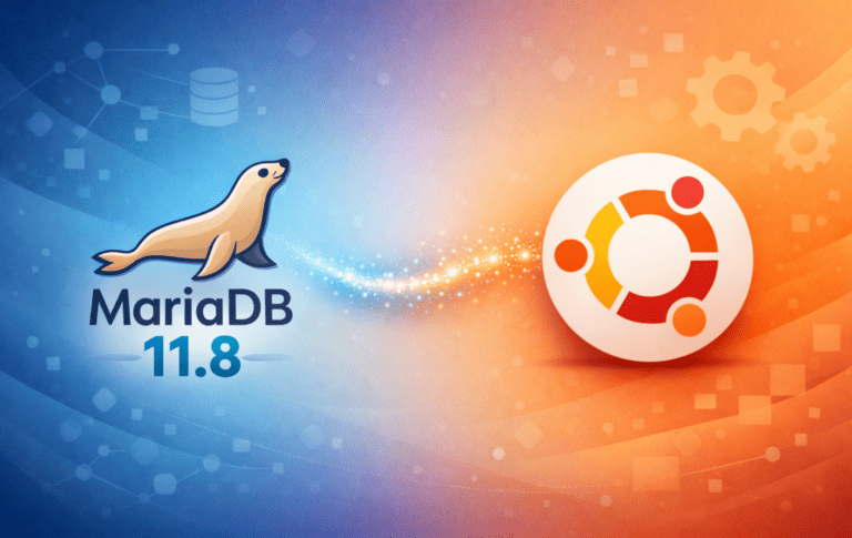 MariaDB 11.8 seal mascot logo with version number beside Ubuntu circle of friends logo