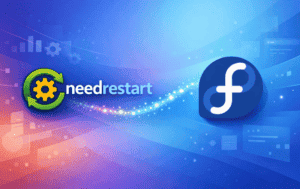 Needrestart logo with gear and refresh arrows alongside the Fedora logo on a blue technology background.